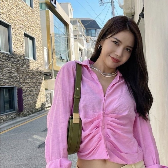 Zara Pink Ruched Long Sleeve Button Down Shirt - Picture 7 of 12